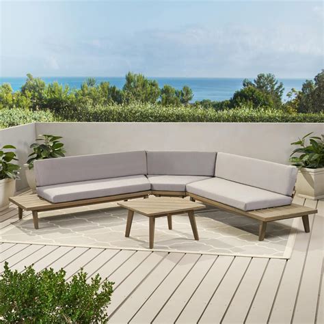 Noble House 4 Piece Wood Patio Sectional Seating Set With Gray Cushions