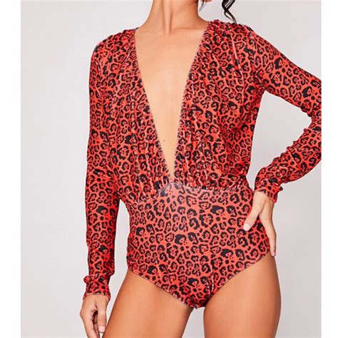 Women Bodysuits Leopard Print Sexy Deep V Neck Long Sleeve Jumpsuit Romper Leotard Top Shirt