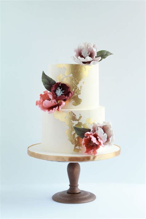 Two Tier Buttercream Wedding Cake With Gold Leaf Foil And Sugar Flowers