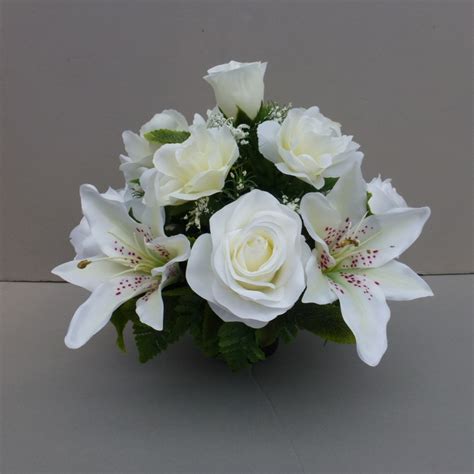 Pot For Memorial Vase With Artificial White Lilies And Roses Artificial