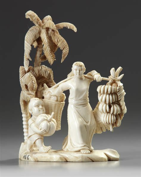 A Chinese Carved Ivory Banana Pickers Group Oaa