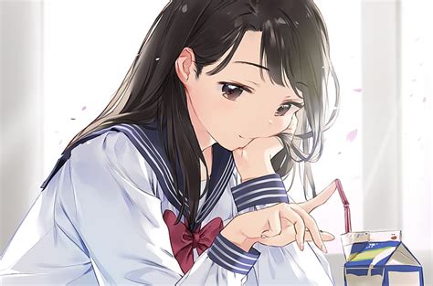 Hd Wallpaper Anime Girl School Uniform Brown Hair Smiling One