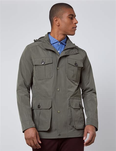 Weather Resistant Mens Field Jacket With Removable Hood In Green