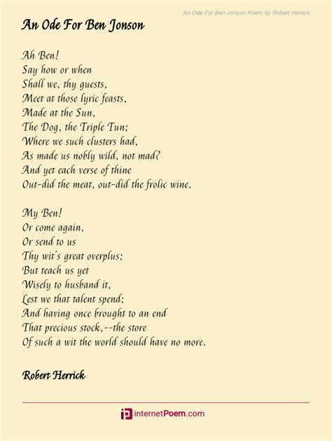 An Ode For Ben Jonson Poem by Robert Herrick