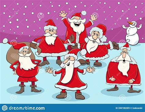 Happy Santa Claus Cartoon Characters Group On Christmas Time Stock Vector Illustration Of