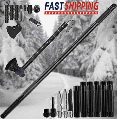Tactical Walking Stick Survival Hiking Camping Trekking Poles With Axe Tomahawk Ebay