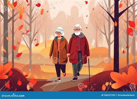 Senior Couple Grandma And Grandpa Walk In Autumn Forest Stock Illustration Illustration Of