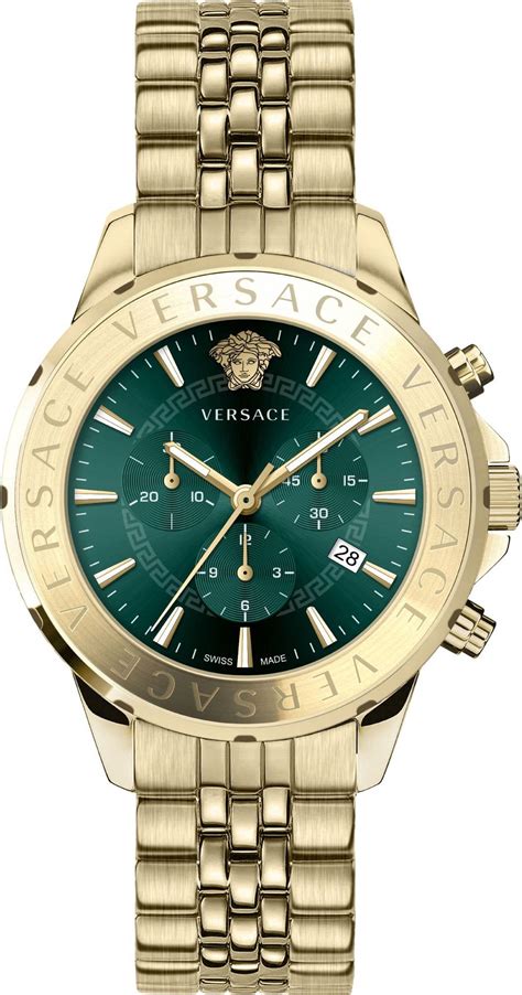 Versace Chronograph Signature Mens Watch Gold Steel Green Dial 44mm