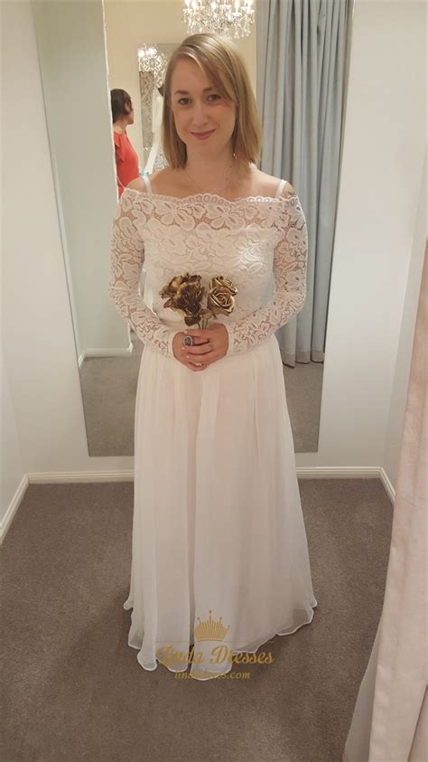 Check out unique and offbeat off shoulder wedding gowns from famous wedding designers across the world. A-Line Off The Shoulder Long Sleeve Lace Bodice Chiffon ...