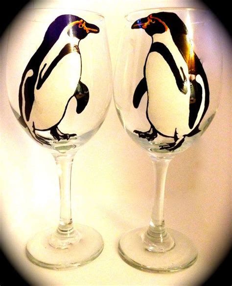 Penguin Wine Glasses Hand Painted Set Of Two