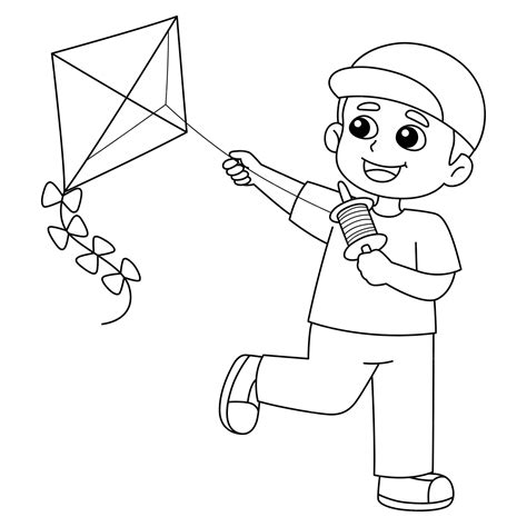 Premium Vector Spring Boy Flying A Kite Isolated Coloring Page