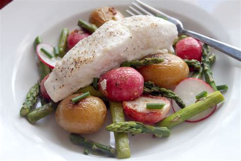 Salt and pepper for the veggies. One-pan roasted spring vegetables with halibut ...