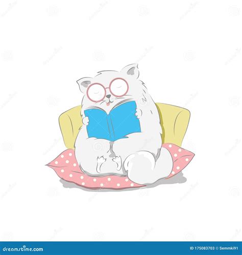 Vector Illustration Of A Cute Cat Reading A Bookcartoon Design Stock
