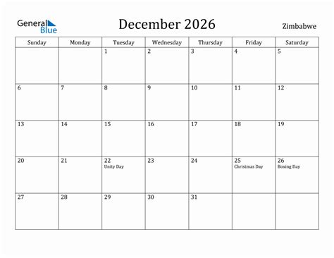 December 2026 Monthly Calendar With Zimbabwe Holidays