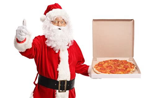 Santa Claus Una Caja De Pizza Y Hacer Un Pulgar Arriba Signo Foto De