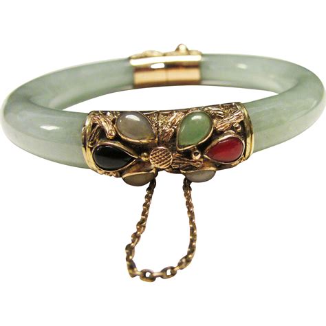 Vintage Estate 14k Ornate Gold Hinged Translucent Green Jade Bracelet