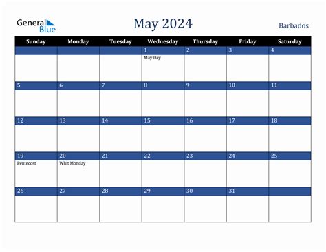 May 2024 Barbados Holiday Calendar