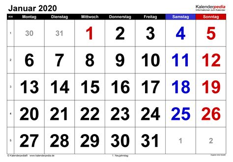 Kalender Januar 2020 Als Pdf Vorlagen