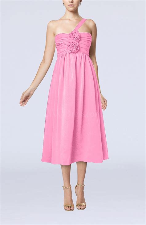 Pink Casual One Shoulder Sleeveless Chiffon Pleated Wedding Guest