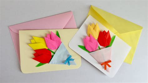 折り紙 あさがおの花の蕾（立体） 折り方（niceno1）origami flower morning glory bud tutorial. 【折り紙・画用紙】チューリップの花束のカード Card of Tulip ...
