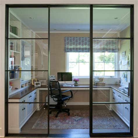 Glass Enclosed Home Office With Built In Desks And Shelves Home
