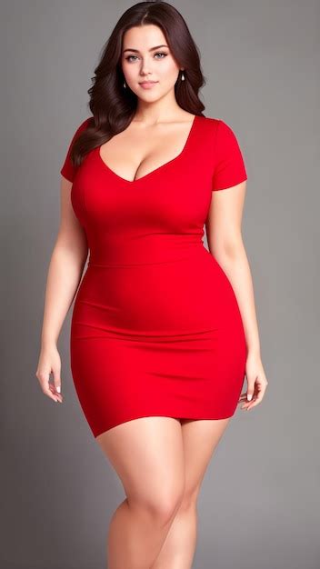 premium ai image beauty curve plus size woman in a red mini dress on a gray backgrounddigital