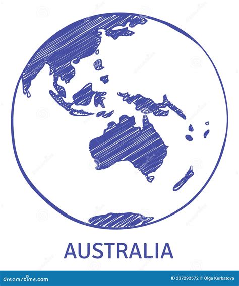 Australia On Globe World Map Sketch In Pen Ink Style Stock Vector