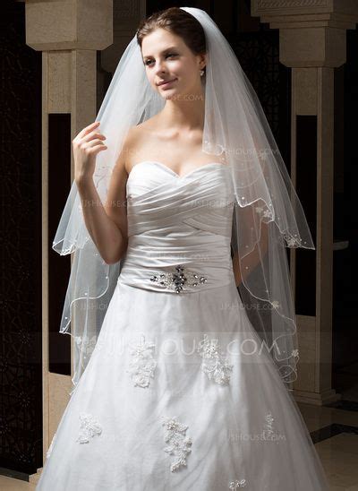 Two Tier Waltz Bridal Veils With Pearl Trim Edgescalloped Edge