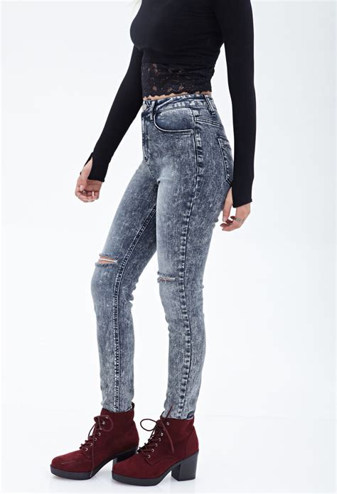 Lyst Forever High Waist Distressed Acid Wash Skinny Jeans In Blue