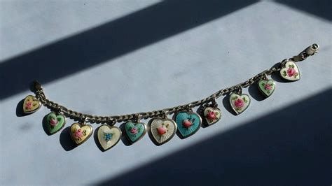 Vintage Sterling Silver Bracelet With Eleven Sterling Enamel Hearts
