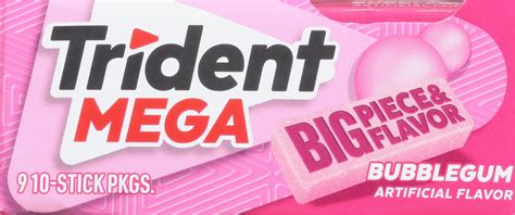 Trident Mega Bubblegum Sugar Free Gum 9 Packs Of 10 Pieces 90 Total