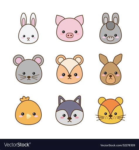Cute Kawaii Animals Cartoons Line And Fill Style Vector Image