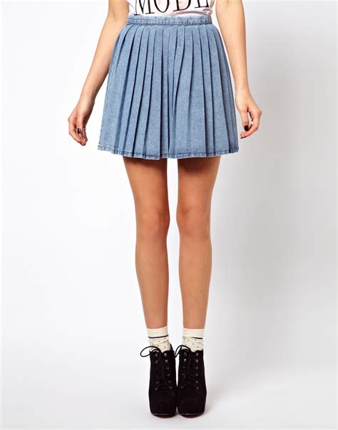 Asos Pleated Denim Mini Skirt In Blue Lyst