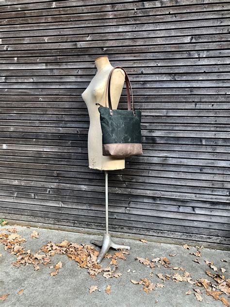 Waxed Canvas Tote Bag With Leather Handles And Zipper Closure Etsy