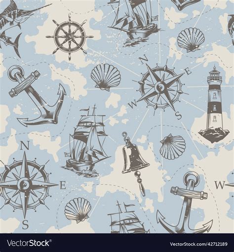 Vintage Nautical Elements Seamless Pattern Vector Image