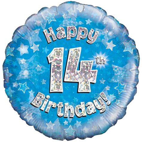Oaktree 18 Inch Happy 14th Birthday Blue Holographic Balloon Happy