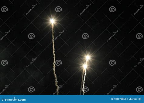 Three Flares Shooting Up Into The Night Sky Stock Image Image Of