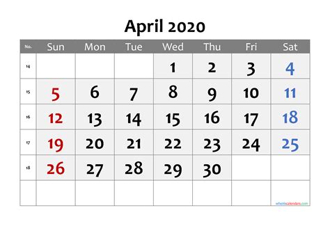 April 2020 Printable Calendar With Week Numbers 6 Templates
