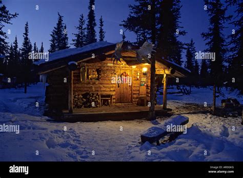 Interior Alaska Log Cabin Forest Winter Porch Light Snow