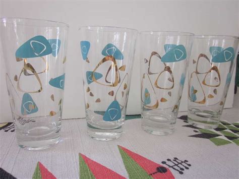 Reserved Vintage Set Of 4 Mid Century Drinking Glasses Turquoise And Gold Biomorphic Design