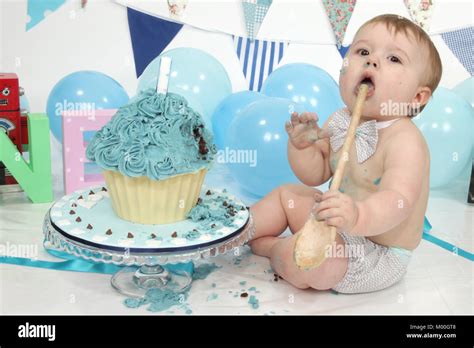 1 Year Old Boy Birthday Party Cake Smash Fun Food Stock Photo