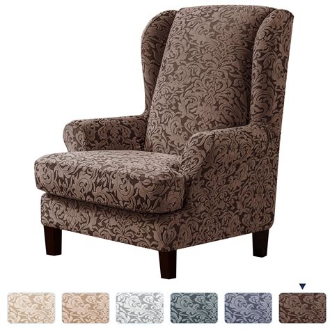 Subrtex Stretch Jacquard Damask 2 Piece Wingback Chair Slipcover Brown