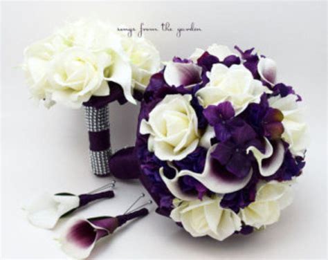 bridal bouquet real touch picasso callas ivory roses purple etsy purple wedding flowers