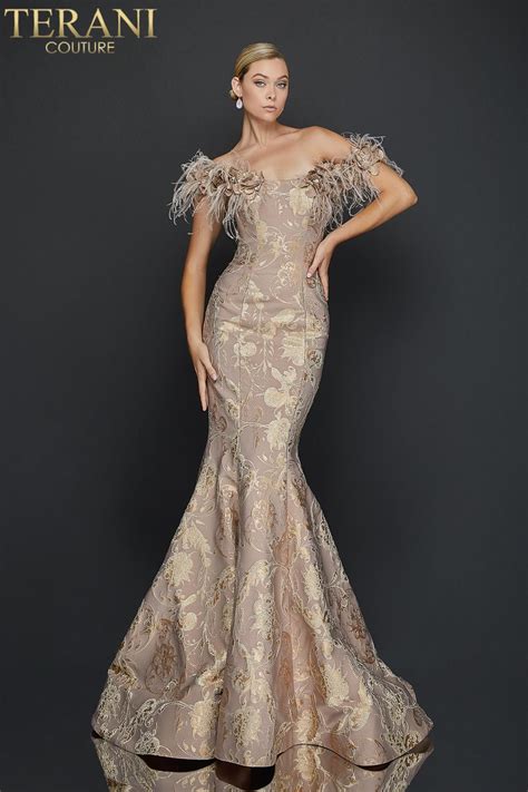 Striking Flower And Feather Strapless Evening Gown E