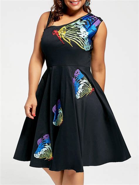 Colormix 3xl A Line Sleeveless Butterfly Embroidered Plus Size Dress