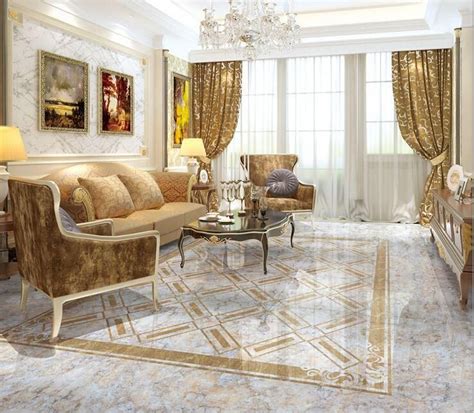 The room offers a stone fireplace, wooden console table, and grey tufted sofas over a matching carpet flooring. Gold living room with an grey marble floor #marble #floor ...