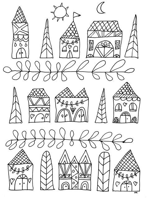Printable coloring pages & activities for kids and family. Simple houses - Zen and Anti stress Coloring Pages for ...
