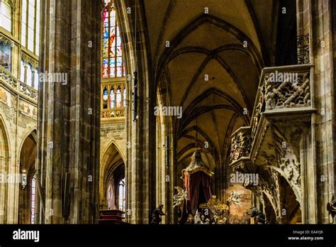Architectural Details Inside Saint Vitus Gothic Cathedral In Prague