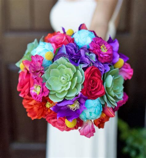 Wedding Mix Succulent Bouquet Fuchsia Red Purple Blue And Yellow