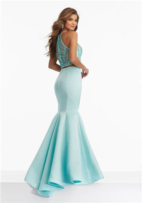 Fitted Mermaid Halter Two Piece Aqua Satin Tulle Beaded Prom Dress
